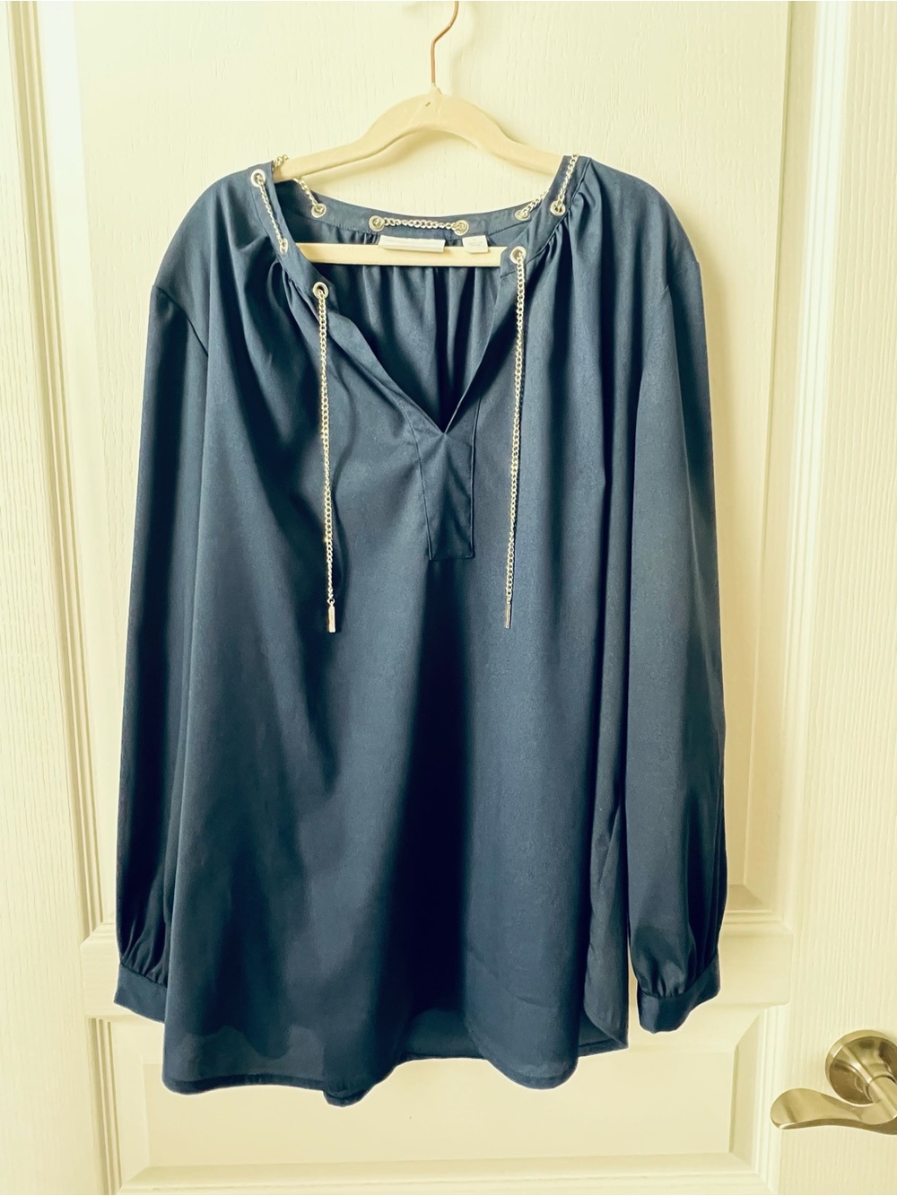 New York & Company Navy Peasant Tunic with Silver-Tone Drawstrings